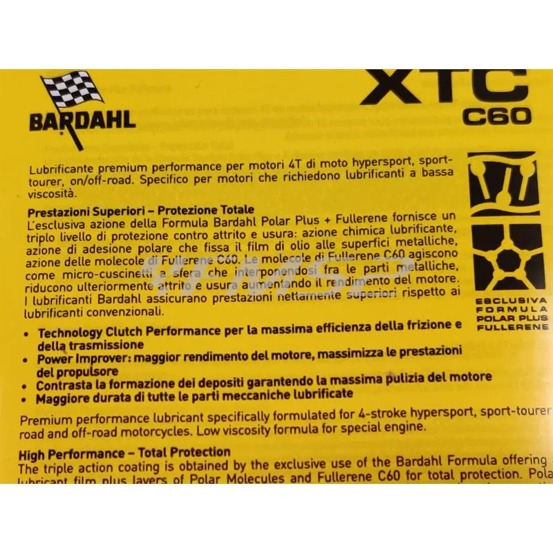 Olio motore Bardahl XTC C60 con gradazione 10W30 sintetico 100% per utilizzo moto, flacone da 1 litro, ricambio 348140