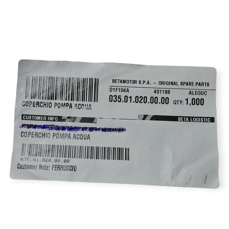 Coperchio pompa acqua specifico per BETA ENDURO RR 125 2T prodotti dopo il 2018 e ENDURO RR 200 2T prodotti dopo il 2019, ricambio 035.01.020.00.00