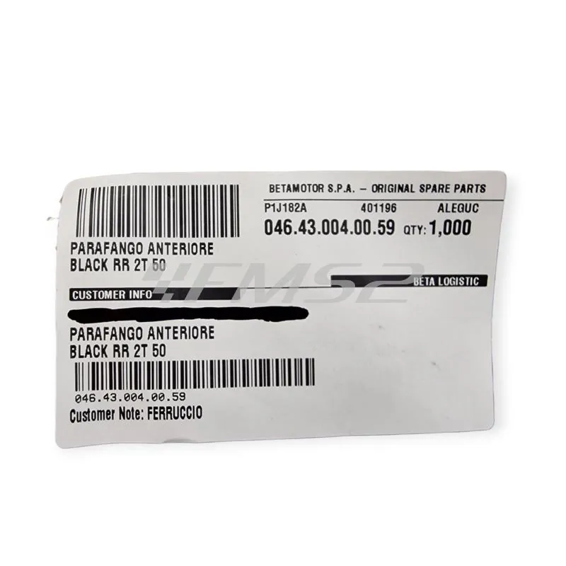 046.43.004.00.59 Parafango anteriore motard nero originale BETA specifico per BETA RR MOTARD 50 2T prodotti dal 2021 in poi