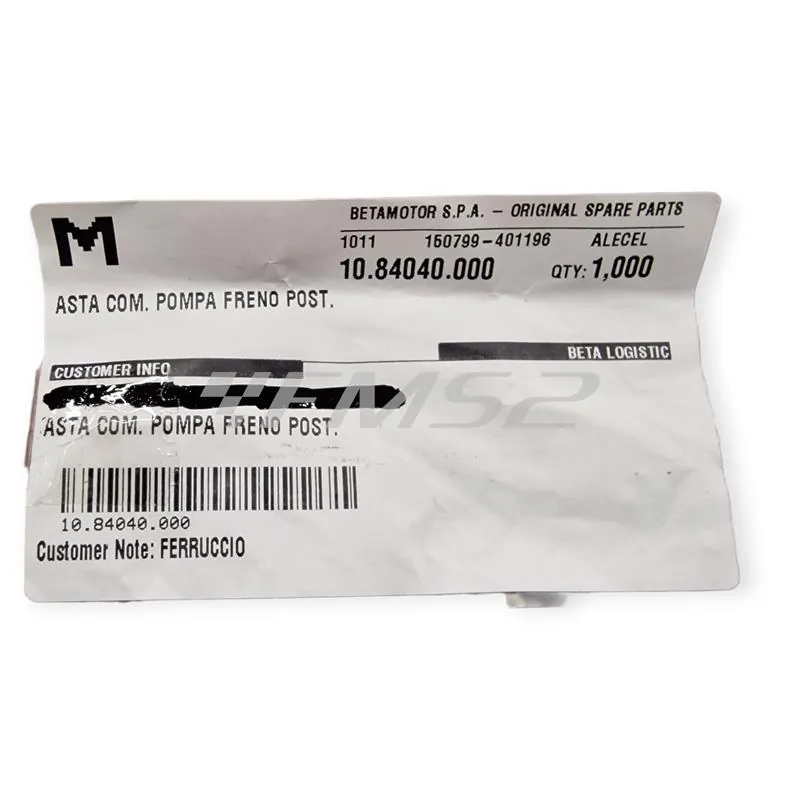 10.84040.000 Asta pompa freno posteriore BETA ENDURO/MOTARD RR 50 2T >2005, BETA ENDURO/MOTARD RR 125 4T 2007-2011 e TRIAL EVO