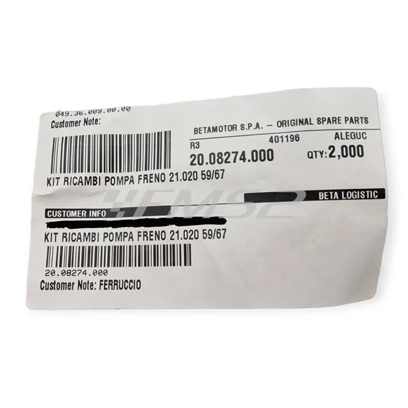 Kit guarnizioni pompa freno anteriore GRIMECA con pistoncino da Ø 11 mm per tutti i BETA RR ENDURO/MOTARD 50cc 2T e 125cc 4T, ALP 200 e 350 4T e MOTARD M4 350cc 4T, ricambio 20.08274.000