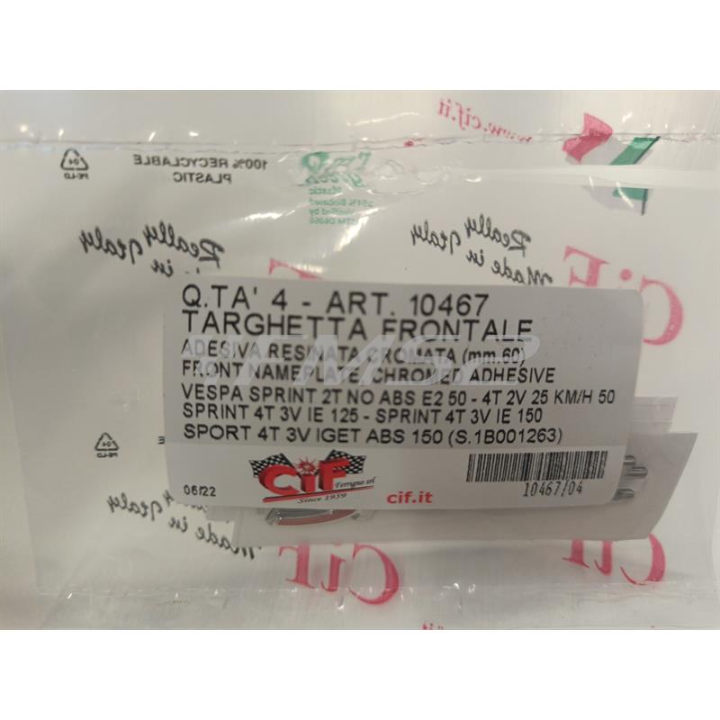 Targhetta adesiva CIF originale SPRINT versione piccola da 60,0 mm resinata, cromata e adesiva per scudo anteriore Vespa Sprint 50 e 125 4 tempi dal 2014 in poi, ricambio 10467