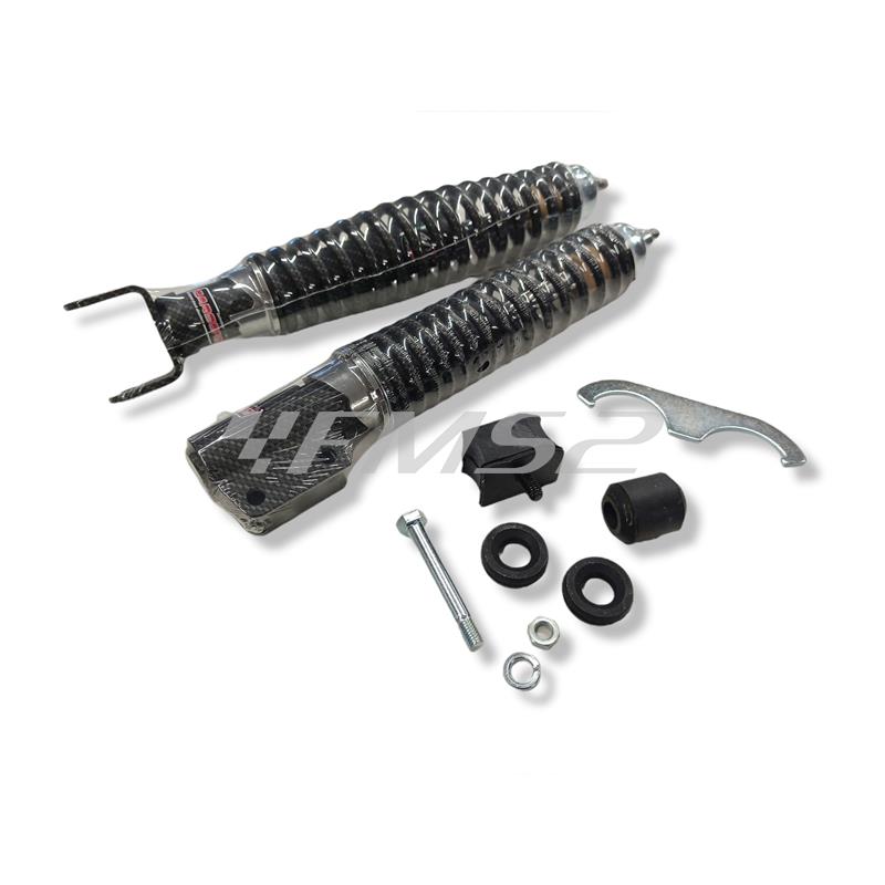 Kit ammortizzatori Carbone serie carbon look sport regolabili nel precarico molla e versione limited edition per Piaggio vespa 125, 150 E 200 cc tutte le versioni con freno anteriore a tamburo, ricambio 10753-KT