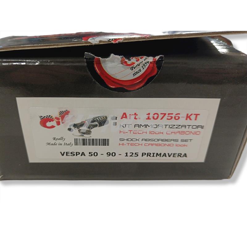 Kit ammortizzatori Carbone HI-TECH serie carboon look sport regolabili nel precarico molla e versione limited edition per Piaggio vespa 50 special, 125 primavera, 125 Et3, ricambio 10751-KT