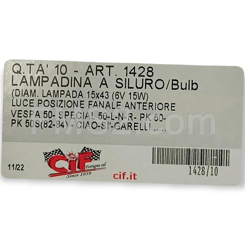 Lampadina CIF 6 Volt 15 Watt, siluro, colore trasparente, ricambio 1428