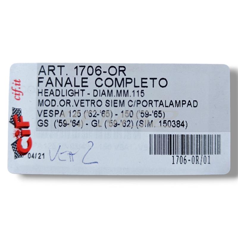 Gruppo ottico fanale anteriore in vetro originale Siem per Piaggio vespa 125 e 150 prodotte dal 1959 al 1965 e vespa GS 150 e vespa GL 150 pro, ricambio 1706-OR