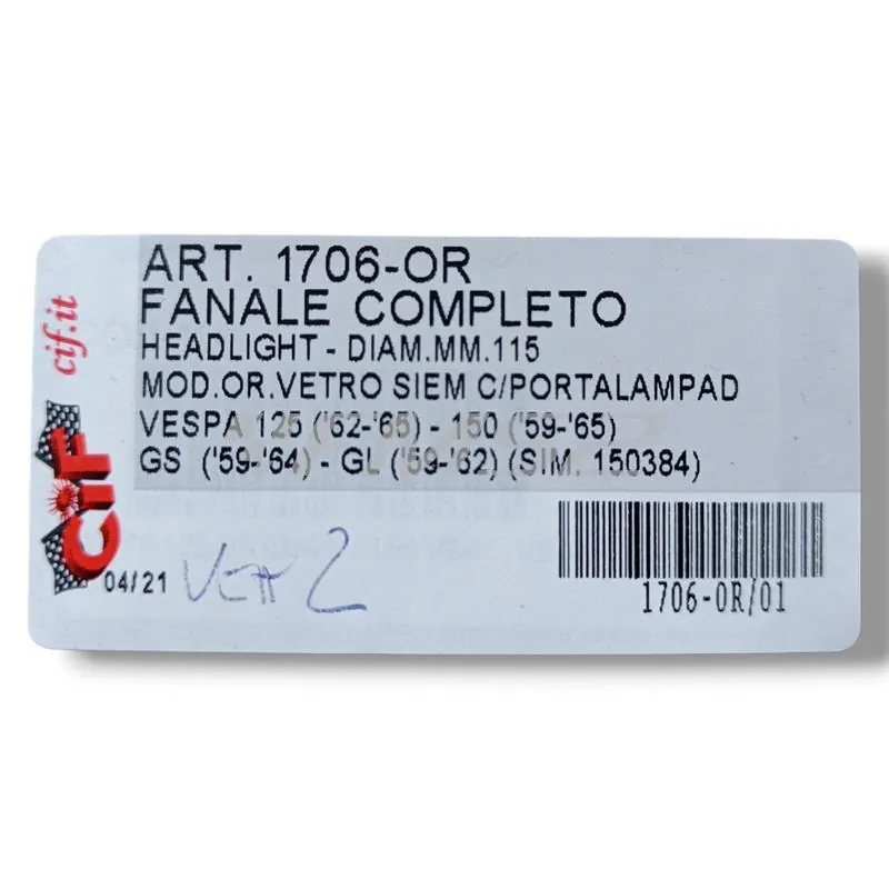 Gruppo ottico fanale anteriore in vetro originale Siem per Piaggio vespa 125 e 150 prodotte dal 1959 al 1965 e vespa GS 150 e vespa GL 150 pro, ricambio 1706-OR