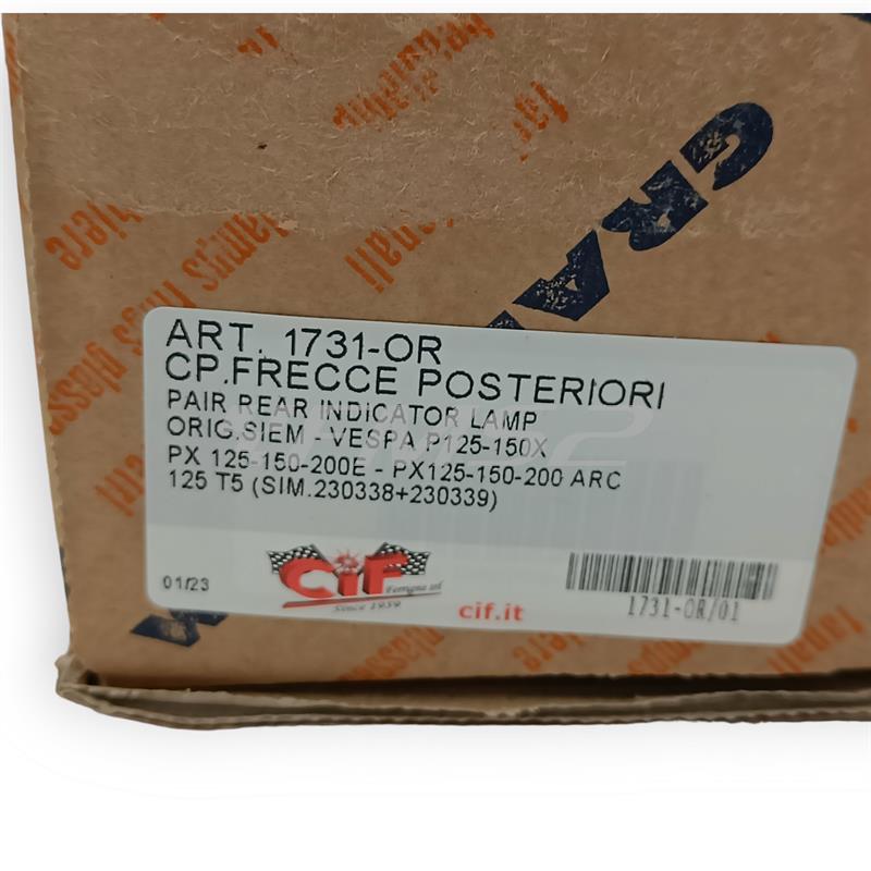 Coppia frecce posteriori originali Siem complete di gemma arancio per Piaggio Vespa PX prodotte fino al 2007 con corpo plastica nera, ricambio 1731-OR