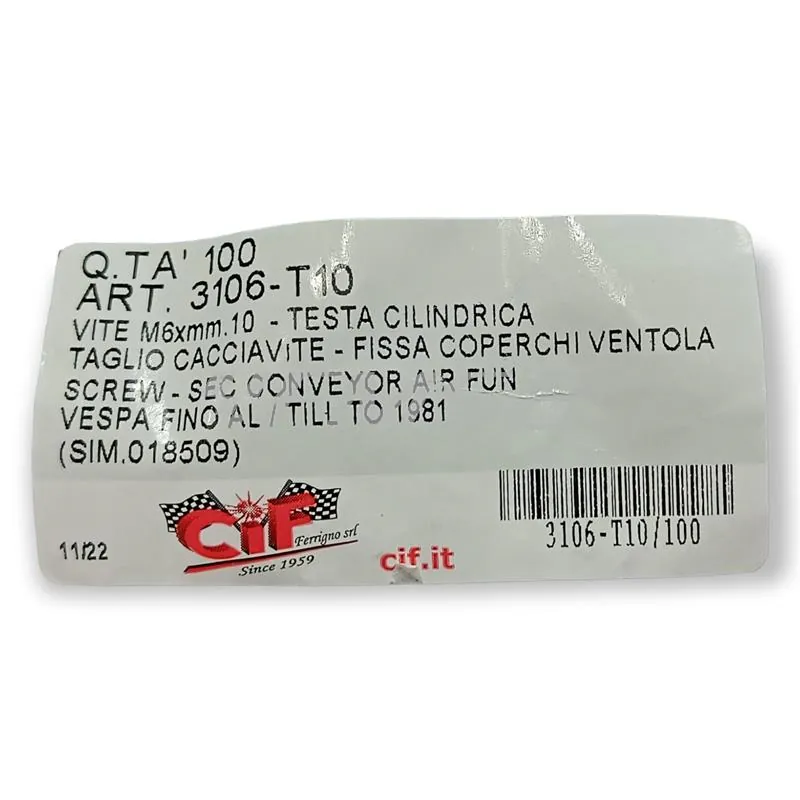 3106-T10 Vite testa cilindrica con cacciavite a taglio M6 x 10,0 mm tipo originale Piaggio per fissaggio copri ventola Vespa 50 special, 125 primavera Et3