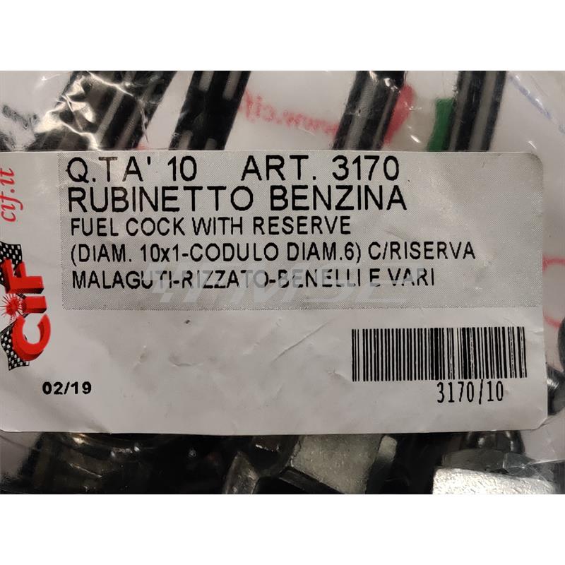 Rubinetto benzina ciclomotore con filetto diametro 10 x 1 (CIF), ricambio 3170