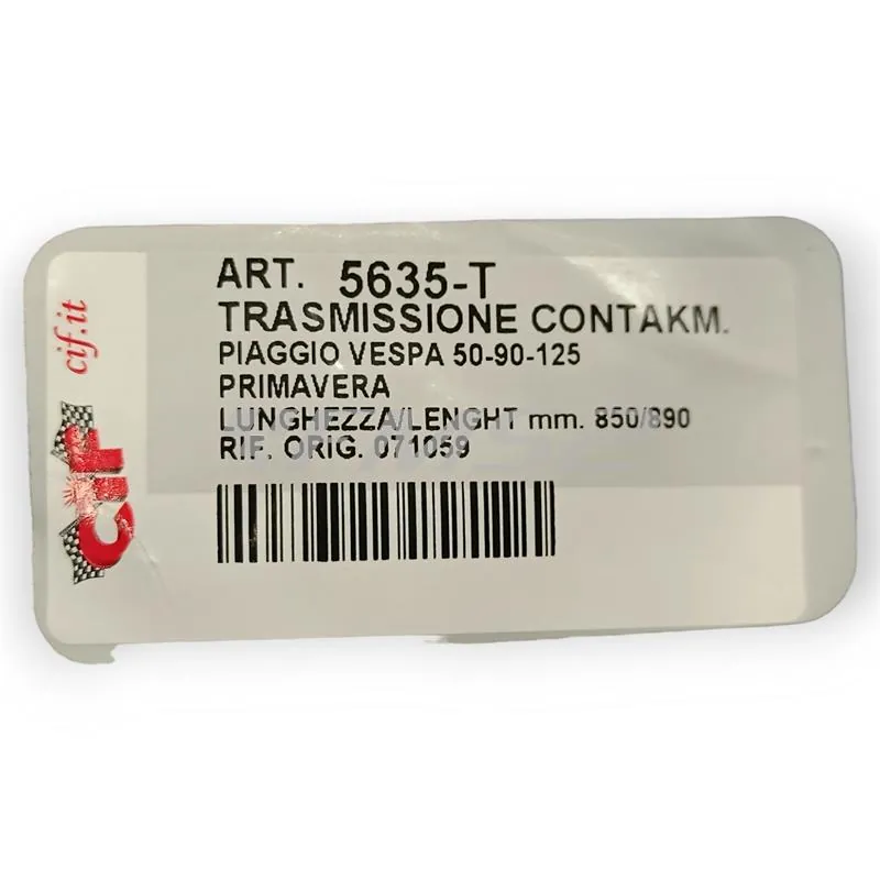 Filo e guaina di trasmissione contachilometri completa per Vespa 50, 125 Primavera, 125 ET3 con lunghezza totale guaina 850, 890 mm ed attacco con ghiera filettata, ricambio 5635-T