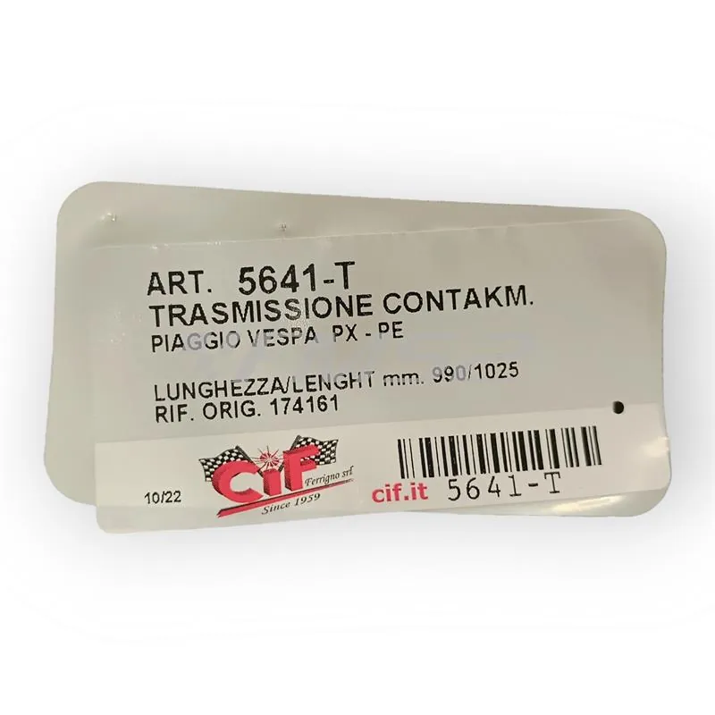 5641-T Filo e guaina di trasmissione contachilometri completa per Vespa PX 125, PX 150, PX200E con lunghezza totale guaina 990-1025 mm ed attacco con ghiera filettata