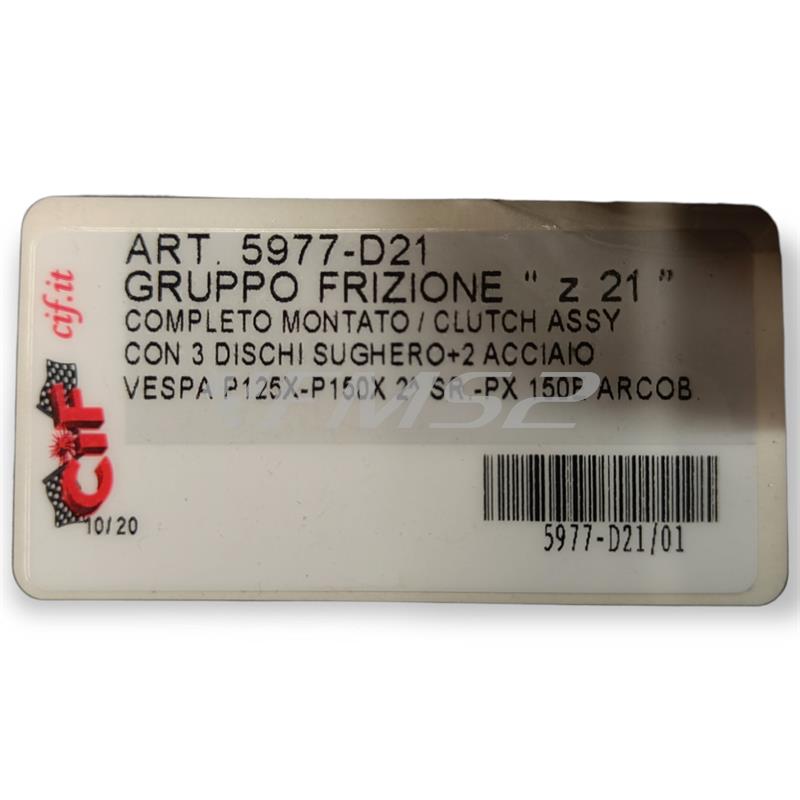 Gruppo frizione completo già assemblato con dischi frizione e molle versione originale per Piaggio Vespa PX 125 e 150 cc 2° serie con pignone da 21 denti (CIF), ricambio 5977-D21