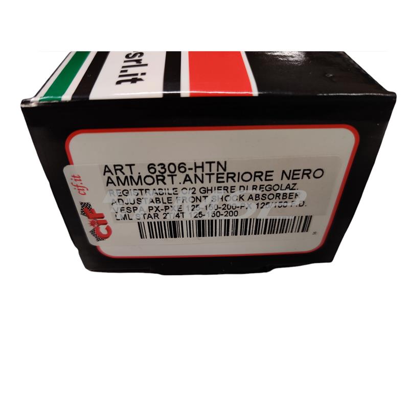 Ammortizzatore anteriore Carbone hi-tech oleopneumatico a doppio effetto olio e gas con piedino inferiore  ricavato dal pieno e lavorato cnc per Piaggio Vespa px tutte le versioni e LML star 2 e 4 tempi, ricambio 6306-HTN