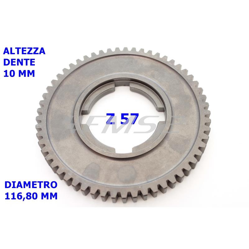 Ingranaggio cambio 1° velocita' z 57 con denti passo fine e spessore denti 10 mm per vespa PX 125 e 150 e vespa VLB1T e VNL1T, ricambio 6581