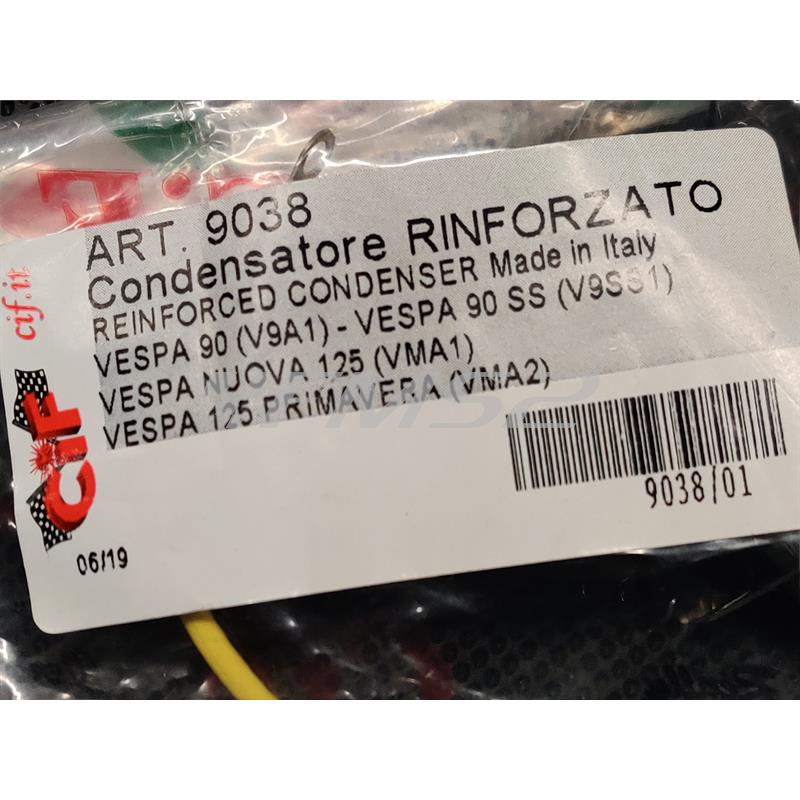 Condensatore rinforzato e potenziato Ceab distribuito da Cif per Piaggio Vespa 90 V9A1T, Vespa 90 SS V9SS1T, Vespa nuova 125 VMA1T e Vespa 125 primavera VMA2T, ricambio 9038