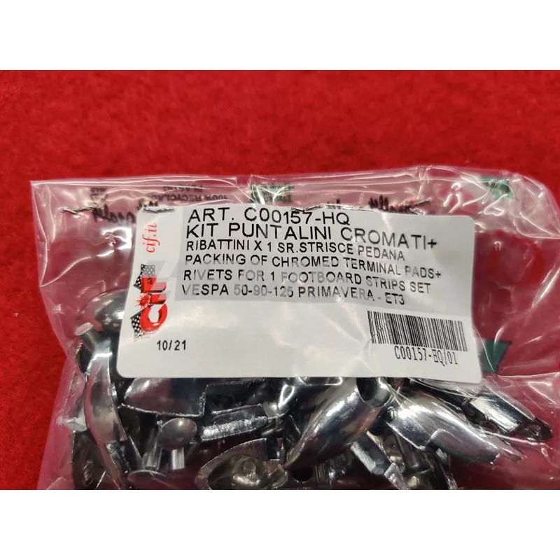 Confezione high quality Cif di puntali cromati e ribattini in alluminio per serie strisce pedana Piaggio Vespa small frame 50 e 125 cc, ricambio C00157-HQ