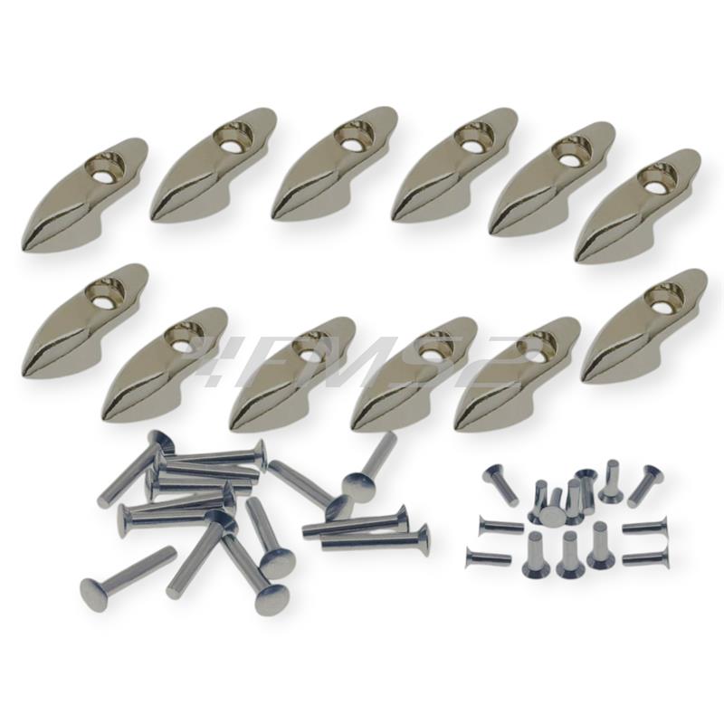 Confezione quality Cif di puntali in metallo spazzolato e ribattini in alluminio per serie strisce pedana Piaggio Vespa small frame 50 e 125 cc, ricambio C00157