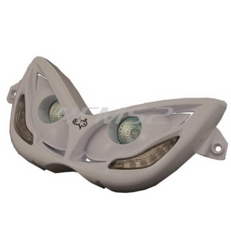 Maschera fanale anteriore one italia di colore bianco con 2 lampade alogene e led di colore azzurro per scooter MBK Nitro e Yamaha Aerox, ricambio 77201350L