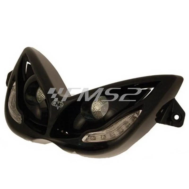 Maschera fanale anteriore one italia di colore nero con 2 lampade alogene e led di colore azzurro per scooter MBK Nitro e Yamaha Aerox, ricambio 77201351L