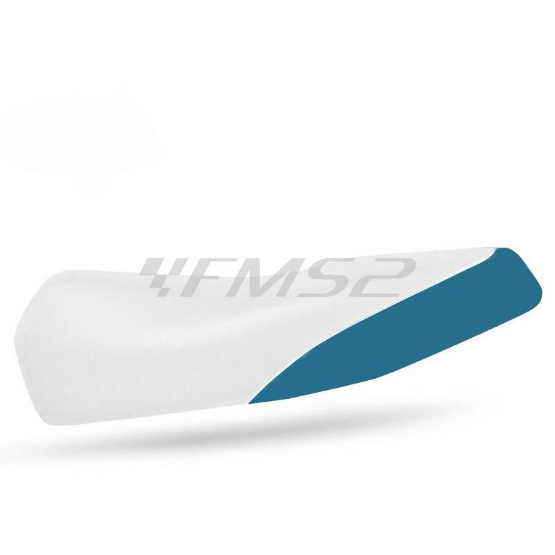 Coprisella in pelle (One Italia) di colore bianco e azzurro per MBK Booster Spirit e Yamaha original Spirit prodotti dal 1996 al 2003, ricambio 77660064