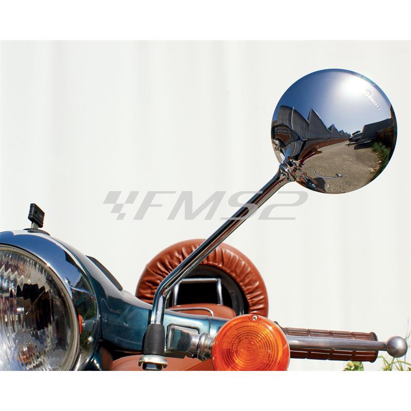 Specchio retrovisore cromato tondo della Far con montaggio sinistro o destro completo di piastrina attacco universale per Piaggio Vespa old model 50, 125, 150 e 200 cc tutti i modelli, ricambio 7305