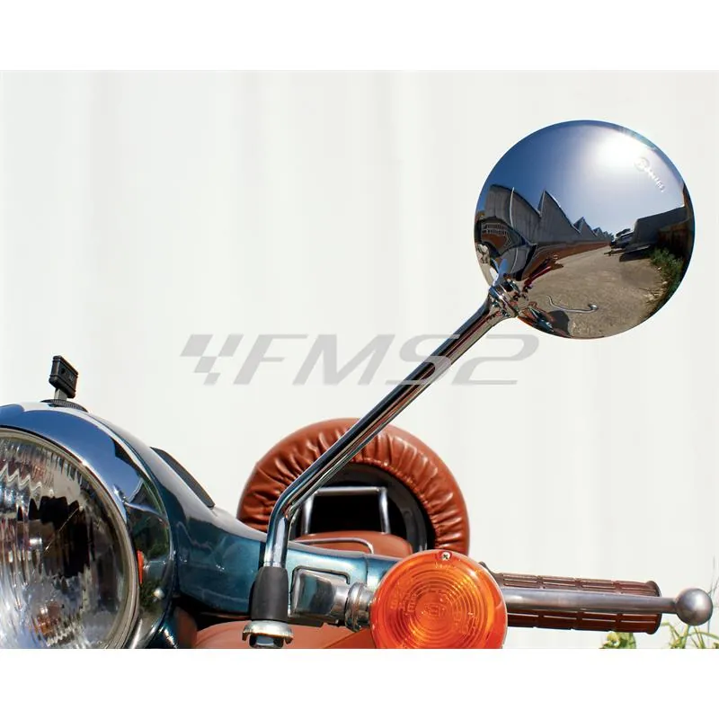7305 Specchio retrovisore cromato tondo della Far con montaggio sinistro o destro completo di piastrina attacco universale per Piaggio Vespa old model 50, 125, 150 e 200 cc tutti i modelli