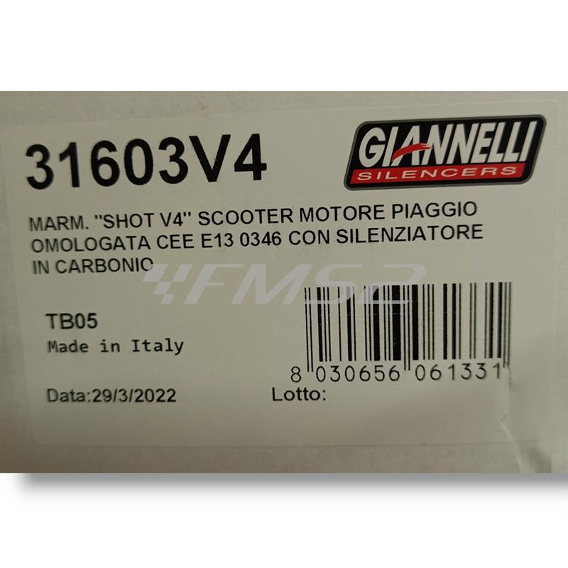 Marmitta Giannelli shot V4 per scooter con motore Piaggio omologata e silenziatore in carbonio, ricambio 31603V4