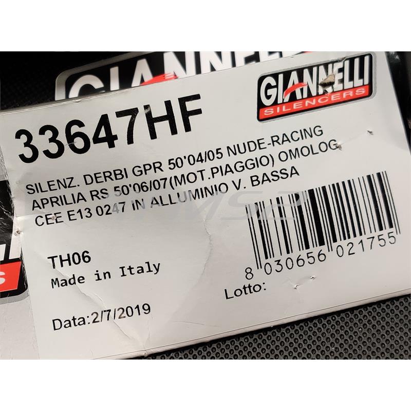 Silenziatore in alluminio per espansione Giannelli per Aprilia RS 50 e Derbi GPR prodotte dal 2006 in poi e con motore D50B, ricambio 33647HF