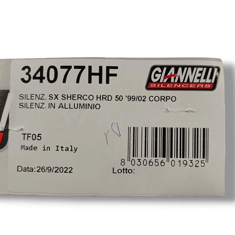 Silenziatore Giannelli in alluminio con forma tonda da abbinare alla pancia espansione codice 34076HF per ciclomotore enduro Sherco HRD 50 cc prodotti dal 1999 fino al 2002, codice 34077HF