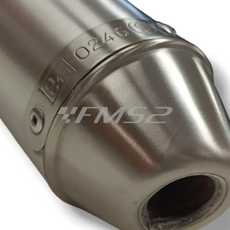 Silenziatore Giannelli in alluminio con forma tonda da abbinare alla pancia espansione codice 34076HF per ciclomotore enduro Sherco HRD 50 cc prodotti dal 1999 fino al 2002, codice 34077HF