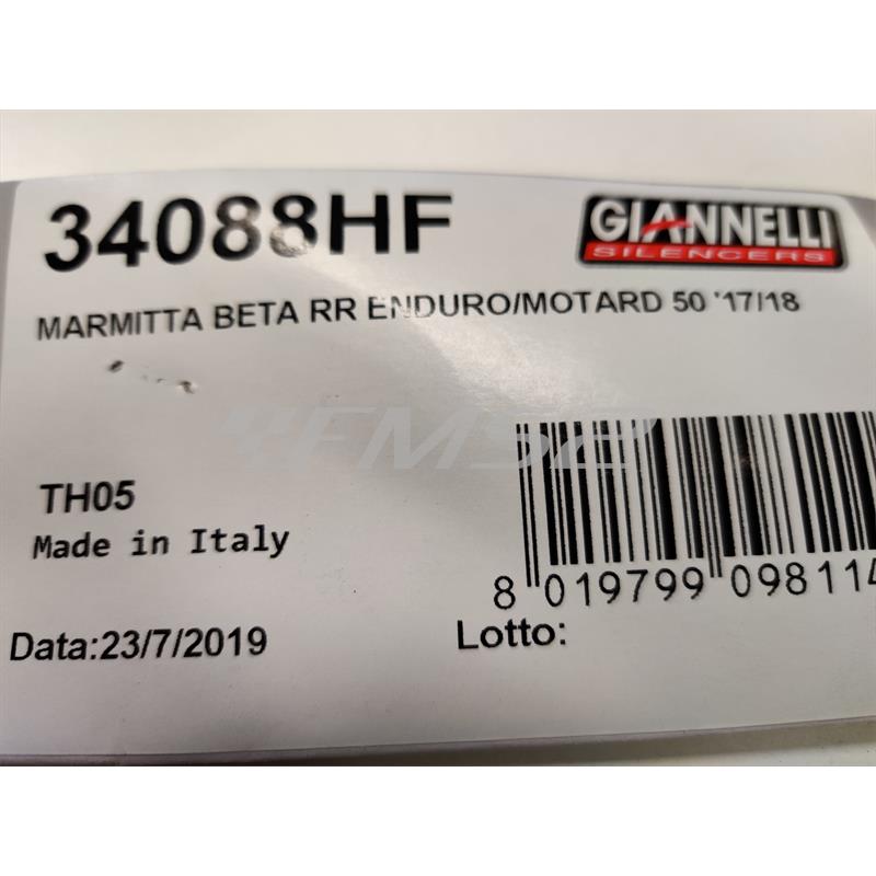 Marmitta Giannelli per ciclomotore Beta RR 50 modello enduro e motard prodotti dal 2017 in poi e con type C3, ricambio 34088HF