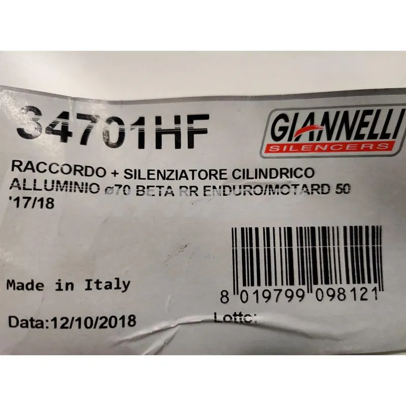34701HF Silenziatore cilindrico Giannelli in alluminio completo di raccordo e bulloneria per ciclomotore Beta RR 50 modello enduro e motard prodotti dal 2017 in poi e con type C3