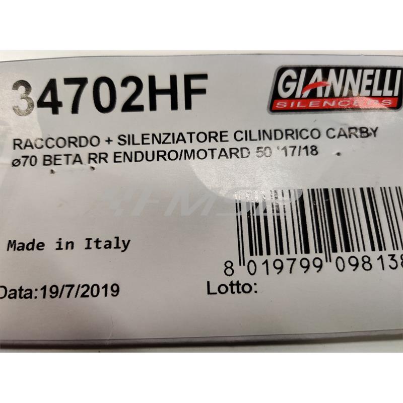 Silenziatore cilindrico Giannelli in carbonio completo di raccordo e bulloneria per ciclomotore Beta RR 50 modello enduro e motard prodotti dal 2017 in poi e con type C3, ricambio 34702HF