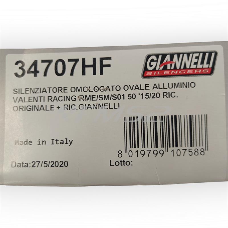 Silenziatore omologato Giannelli con forma ovale in alluminio nero per Valenti Racing RME, SM, S01 50cc prodotti dal 2015 fino al 2020, codice 34707HF