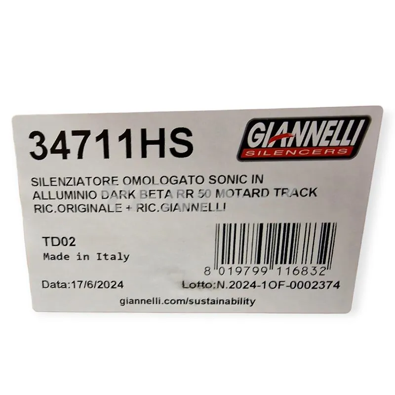 Silenziatore Giannelli Sonic 34711HS per BETA ENDURO/MOTARD RR 50cc prodotti dal 2021 fino al 2022 (type C5) con Ø innesto 22mm omologato in alluminio anodizzato nero