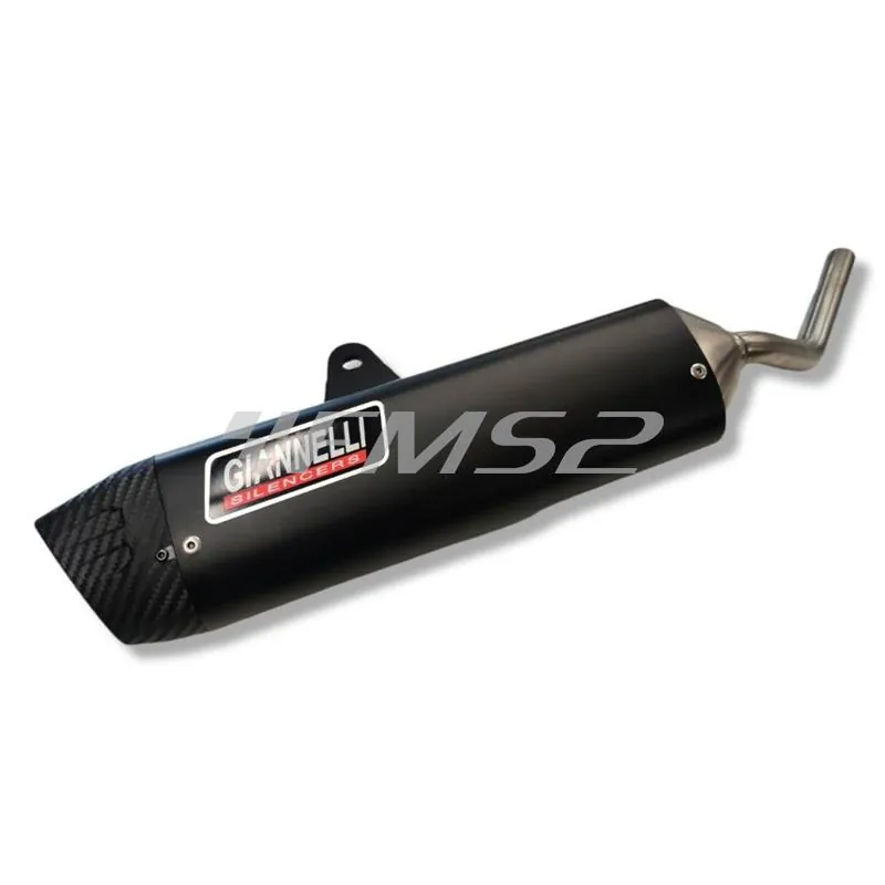 Silenziatore omologato sonic in alluminio anodizzato nero con fondello in carbonio da abbinare alla pancia originale oppure alla Giannelli 34093HF per Fantic Motor euro 5 prodotti dal 2021 in poi, ricambio 34713HS