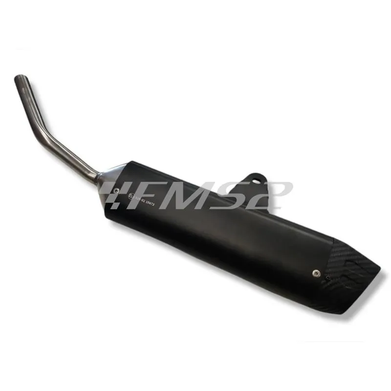 Silenziatore omologato sonic in alluminio anodizzato nero con fondello in carbonio da abbinare alla pancia originale oppure alla Giannelli 34093HF per Fantic Motor euro 5 prodotti dal 2021 in poi, ricambio 34713HS