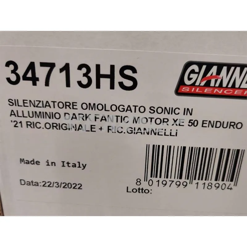 Silenziatore omologato sonic in alluminio anodizzato nero con fondello in carbonio da abbinare alla pancia originale oppure alla Giannelli 34093HF per Fantic Motor euro 5 prodotti dal 2021 in poi, ricambio 34713HS
