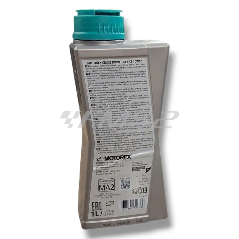 Olio motore Motorex Cross Power 4 tempi 10W-50 JASO MA2, API SP/SN/SM - flacone da 1 litro, ricambio M308241