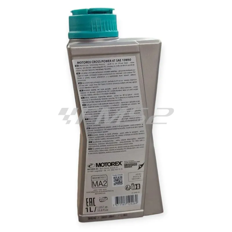 Olio motore Motorex Cross Power 4 tempi 10W-60 JASO MA2, API SP/SN/SM - flacone da 1 litro, ricambio M308242