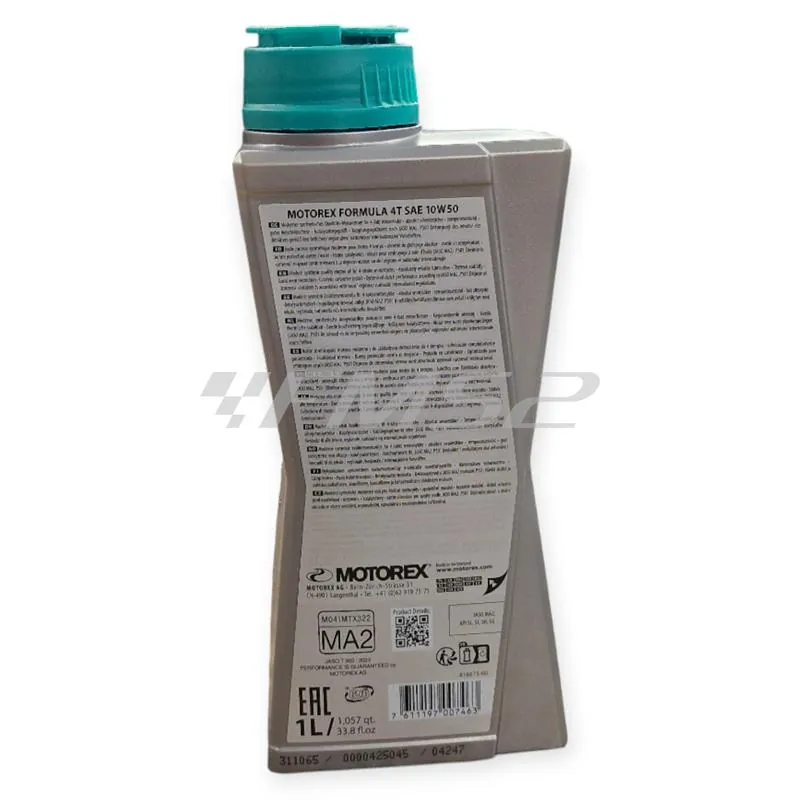 Olio motore Motorex Formula 4 tempi 10W-50 JASO MA2, API SL/SJ/SH/SG - flacone da 1 litro, ricambio M311065