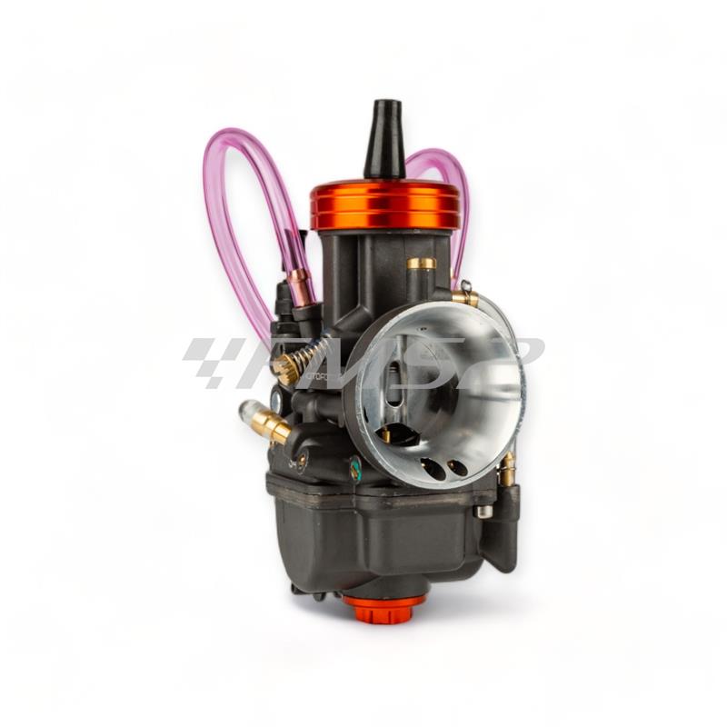 Carburatore PWK Motoforce Racing 24 mm di colore antracite e particolari anodizzati arancio con powerjet incluso per applicazioni varie 2 tempi, ricambio MF1620210