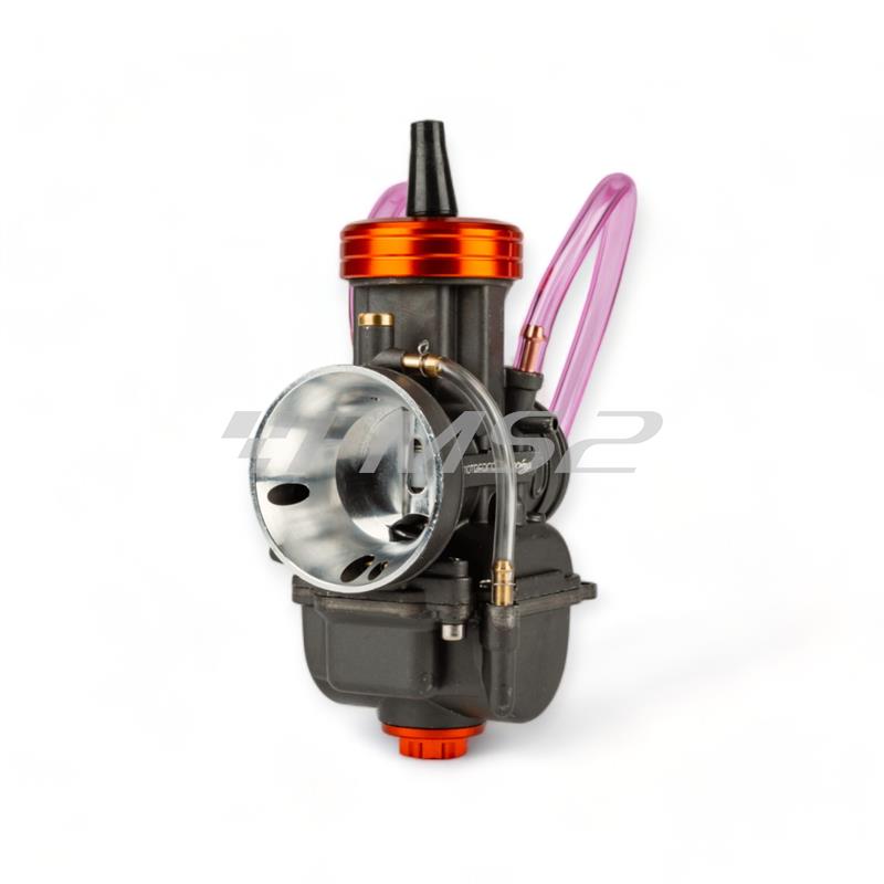 Carburatore PWK Motoforce Racing 24 mm di colore antracite e particolari anodizzati arancio con powerjet incluso per applicazioni varie 2 tempi, ricambio MF1620210