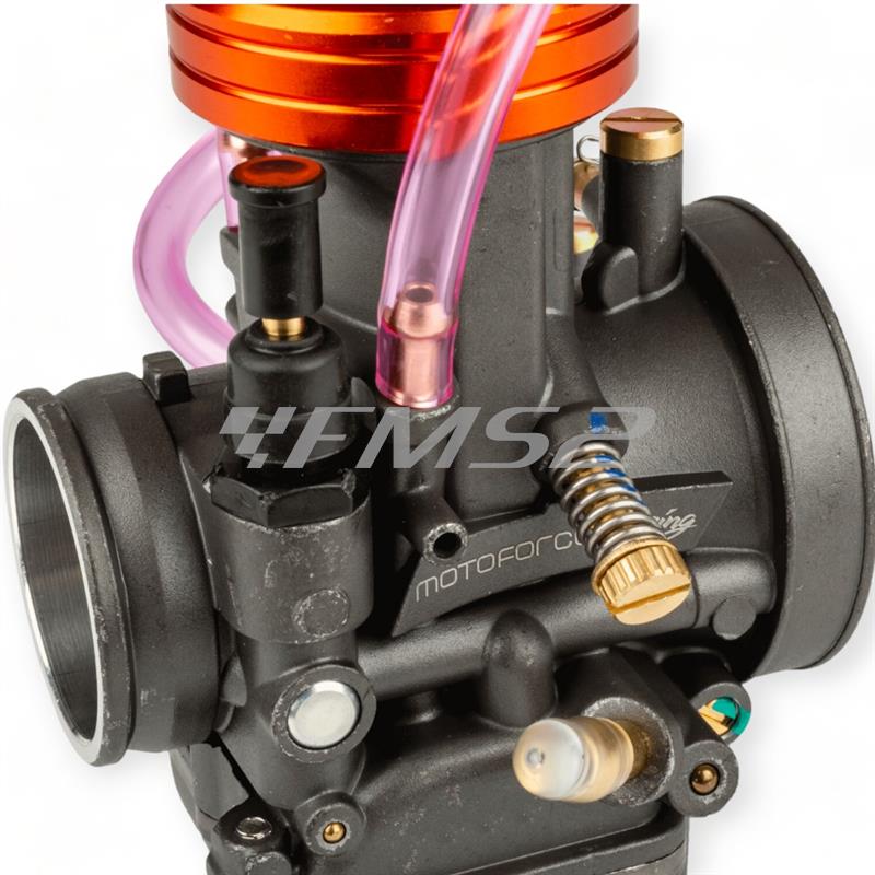 Carburatore PWK Motoforce Racing 24 mm di colore antracite e particolari anodizzati arancio con powerjet incluso per applicazioni varie 2 tempi, ricambio MF1620210