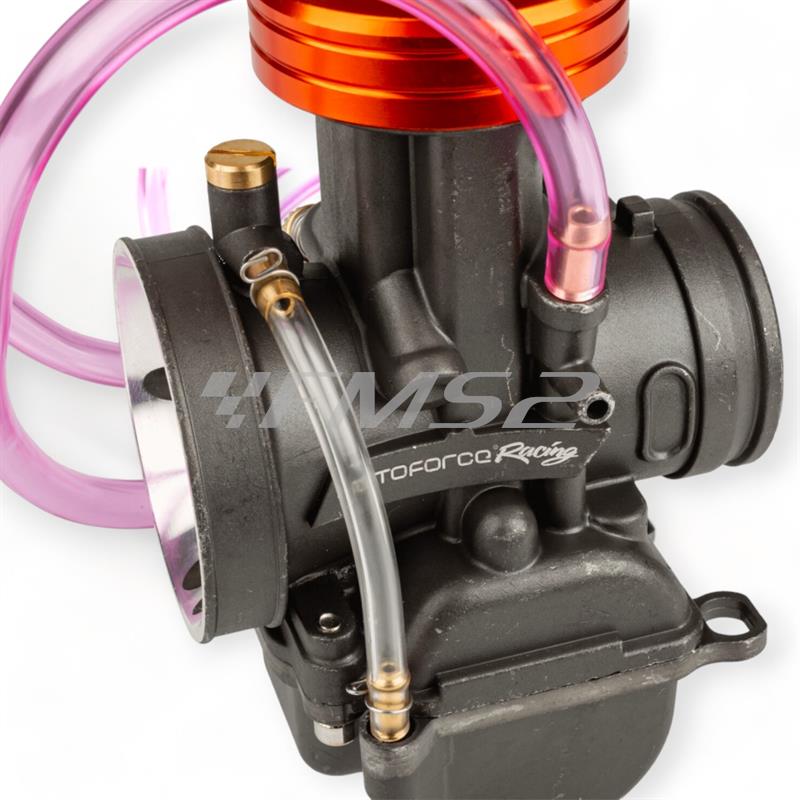 Carburatore PWK Motoforce Racing 24 mm di colore antracite e particolari anodizzati arancio con powerjet incluso per applicazioni varie 2 tempi, ricambio MF1620210