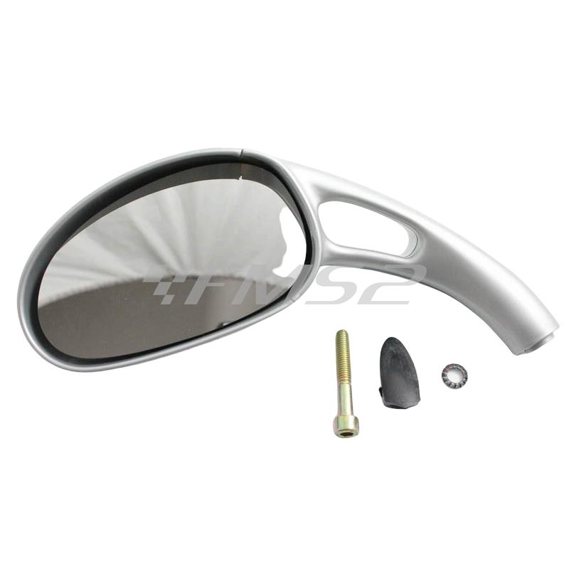 Specchietto retrovisore sinistro completo di attacchi verniciato argento lucido metallizzato originale Malaguti per Phantom F12, ricambio 08801887