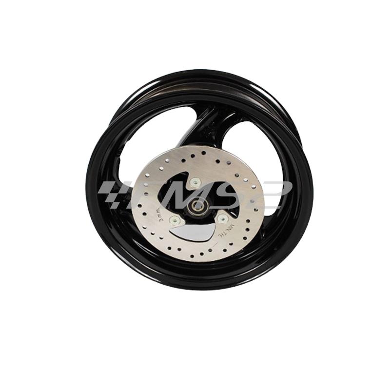 Cerchio ruota anteriore Grimeca in alluminio nero a 3 razze completo di disco con diametro 190 mm, perno e distanziale per scooter Malaguti F12 Phantom, ricambio 10903603