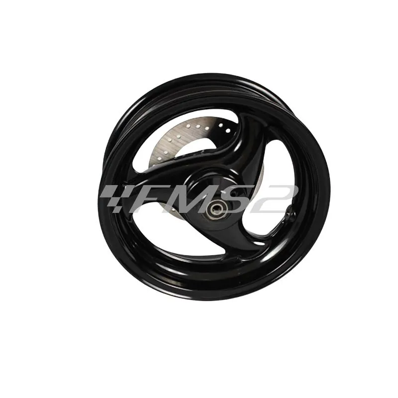 10903603 Cerchio ruota anteriore Grimeca in alluminio nero a 3 razze completo di disco con diametro 190 mm, perno e distanziale per scooter Malaguti F12 Phantom