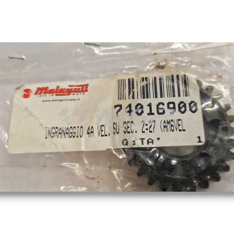 Ingranaggio 4° velocità sul secondario (z=27) originale Malaguti montato nei motori Minarelli serie AM6, ricambio 74016900